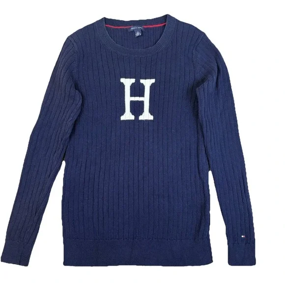 Tommy Hilfiger Womens Ribbed Knit Crewneck Sweater‎ Logo Cotton Pullover Medium - Picture 4 of 11